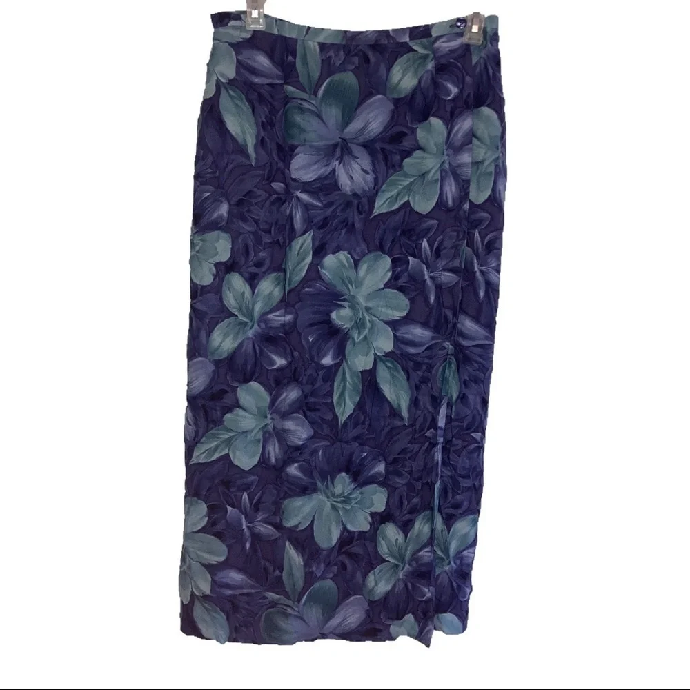 Talbots Long Blue Floral Silk Wrap Women Skirt 14